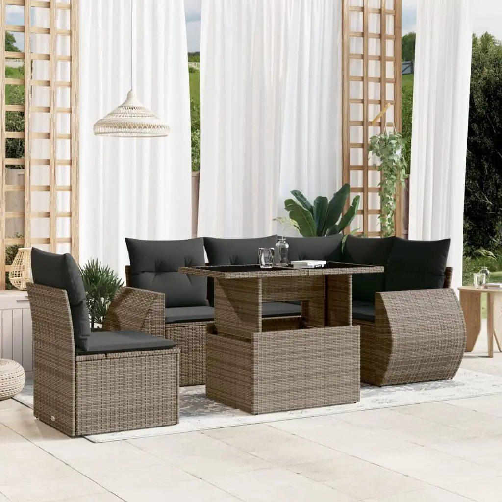 Ensemble de Jardin 6 Pièces en Résine Tressée Table Relevable et Coussins Confort Gris – ComfortXL Outdoor Living