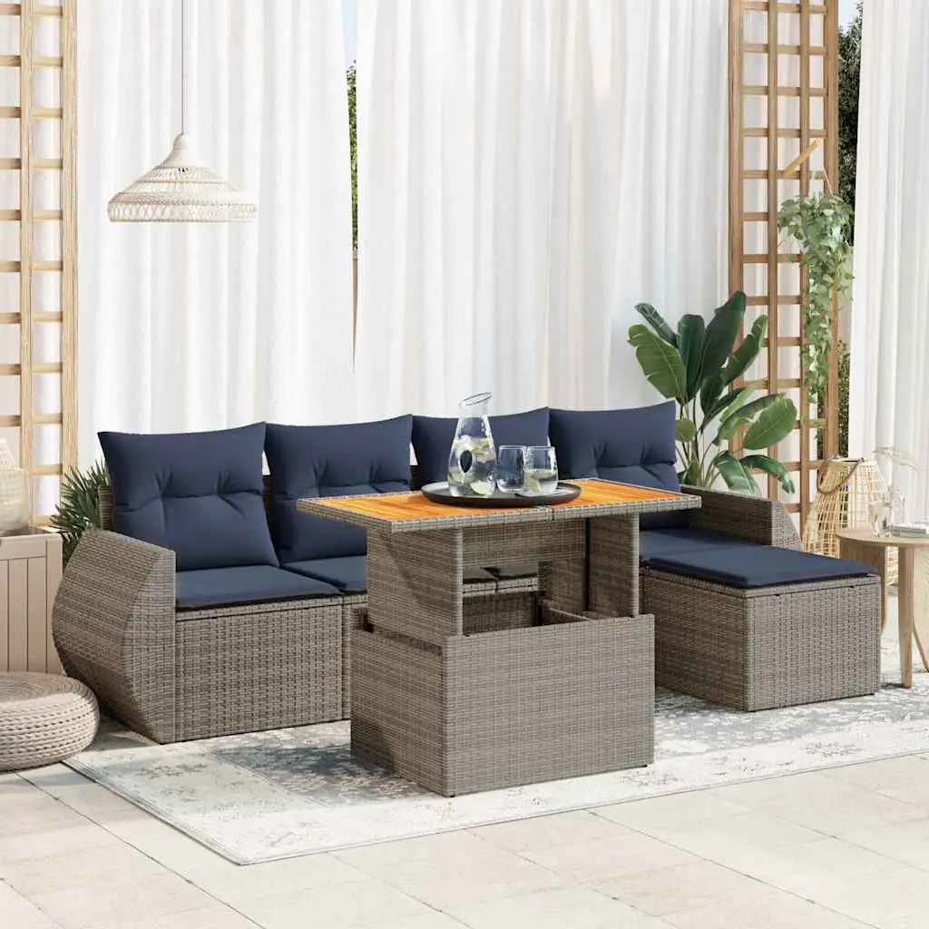 Ensemble de jardin 6 pièces en résine tressée avec table extensible et rangements Gris – ComfortXL Outdoor Living