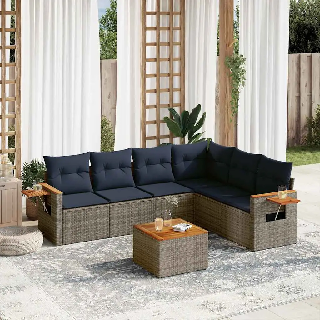 Ensemble canapé modulable 7 pièces en résine tressée avec tablettes latérales pour jardin Gris et Bleu – ComfortXL Outdoor Living