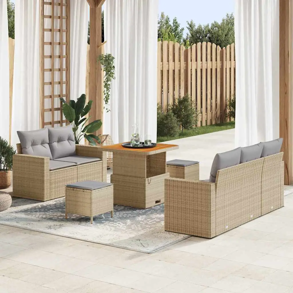 Ensemble de Jardin Moderne 7 Places 8 Pièces en Résine Tressée Beige et Table en Bois d’Acacia – ComfortXL Outdoor Living