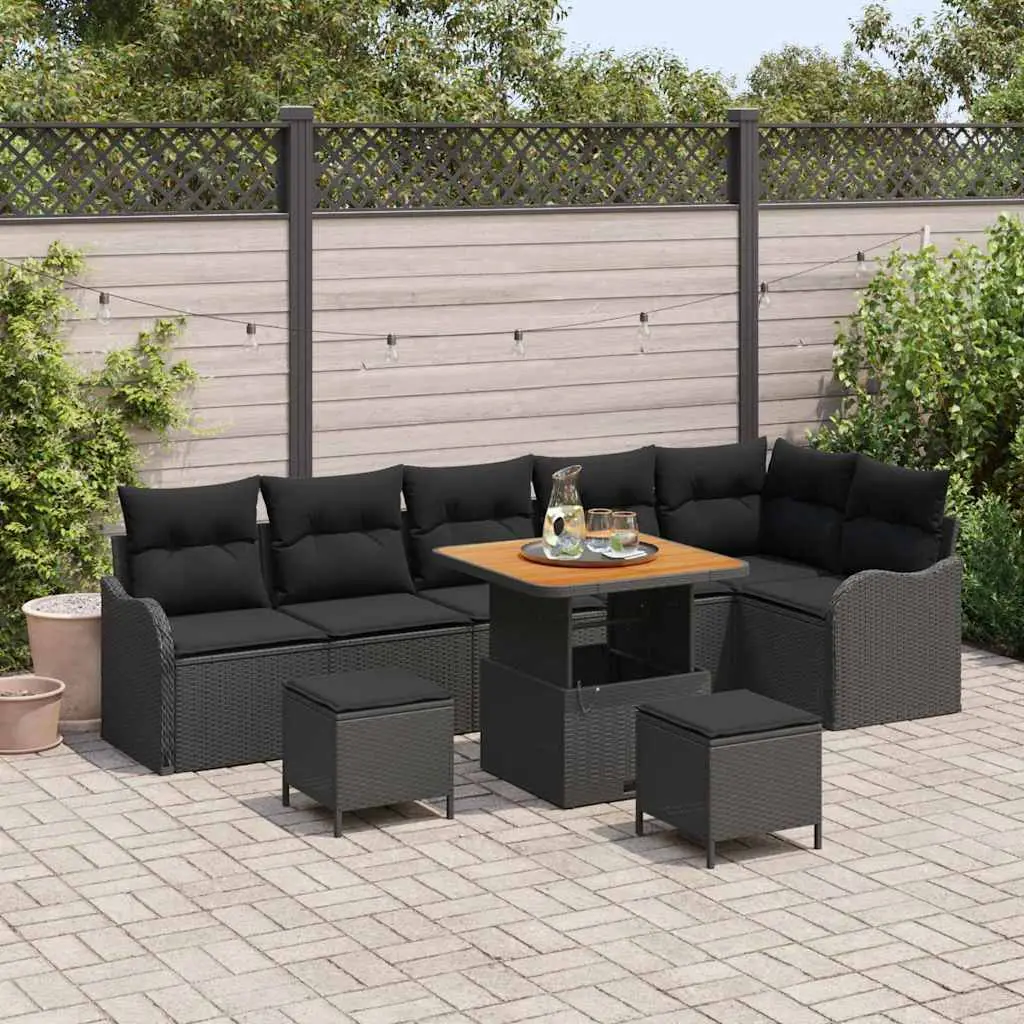 Ensemble de jardin moderne 8 places en polyrotin et bois pour terrasse et balcon Noir – ComfortXL Outdoor Living