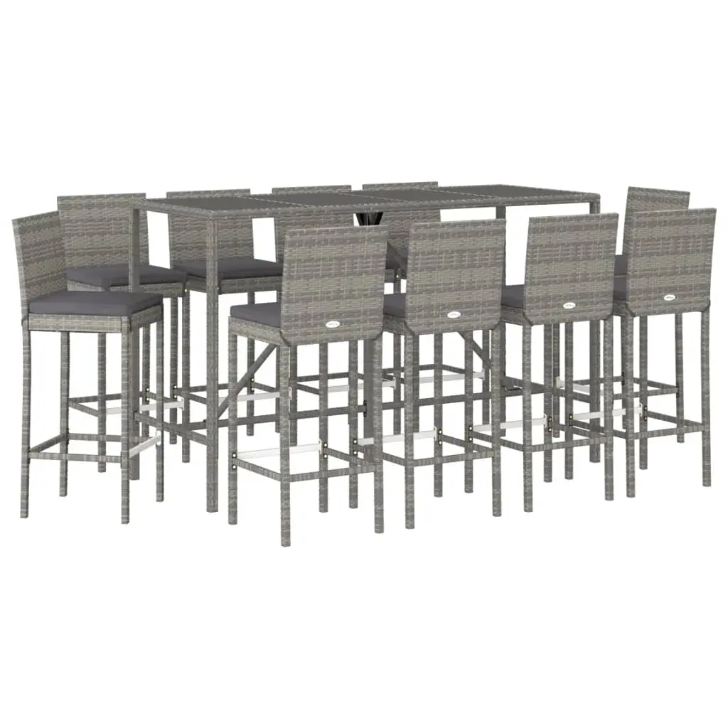 Ensemble de bar de jardin 11 pièces avec coussins gris poly rotin