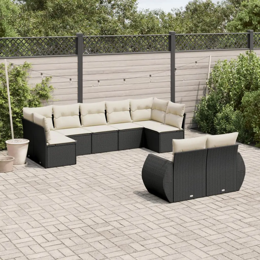 Ensemble Canapé Modulable 9 Places Résine Tressée Noire avec Coussins Crème pour Jardin 9 Pièces – ComfortXL Outdoor Living