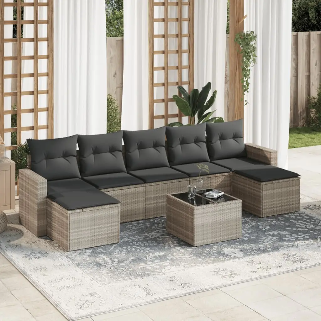 Ensemble de jardin 7 places en poly rotin avec table basse et rangement intégré Gris clair – ComfortXL Outdoor Living