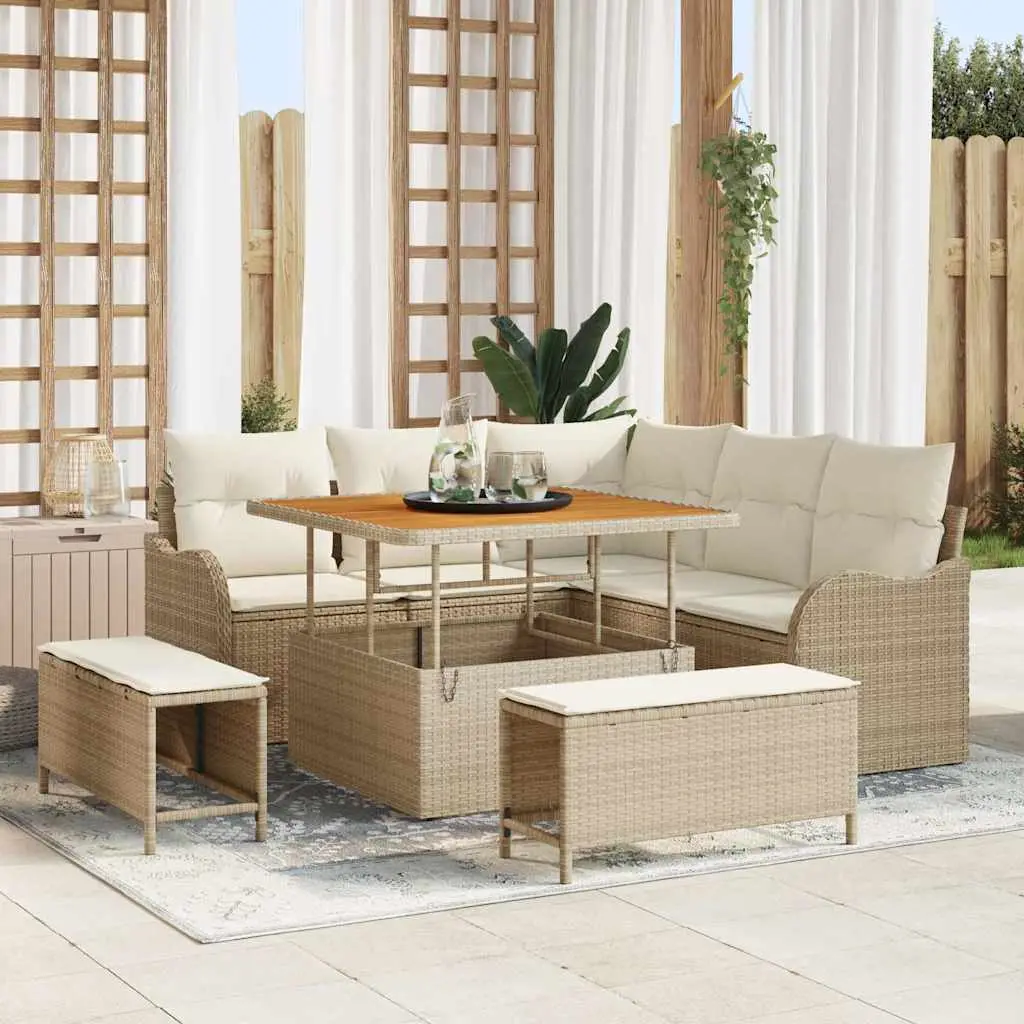Ensemble de jardin modulable 7 personnes en résine tressée et bois avec table basse pour patio Beige – ComfortXL Outdoor Living