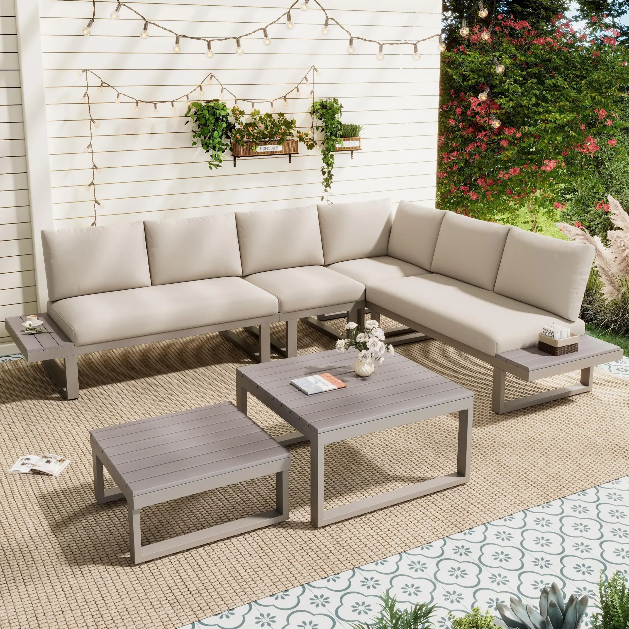 Ensemble de mobilier de jardin, avec inclinaison réglable (5 positions, jusqu’à 55°), tubes en acier galvanisé, beige + kaki