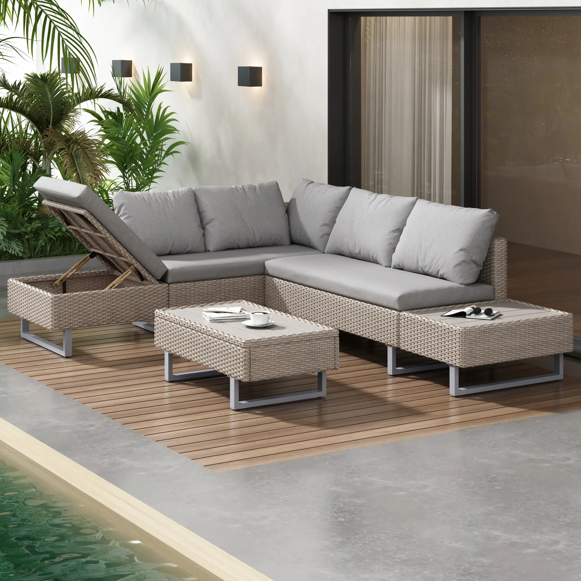 Ensemble de jardin avec canapé d’angle, table et coussins pour 4-5 personnes, déhoussable, couleur kaki