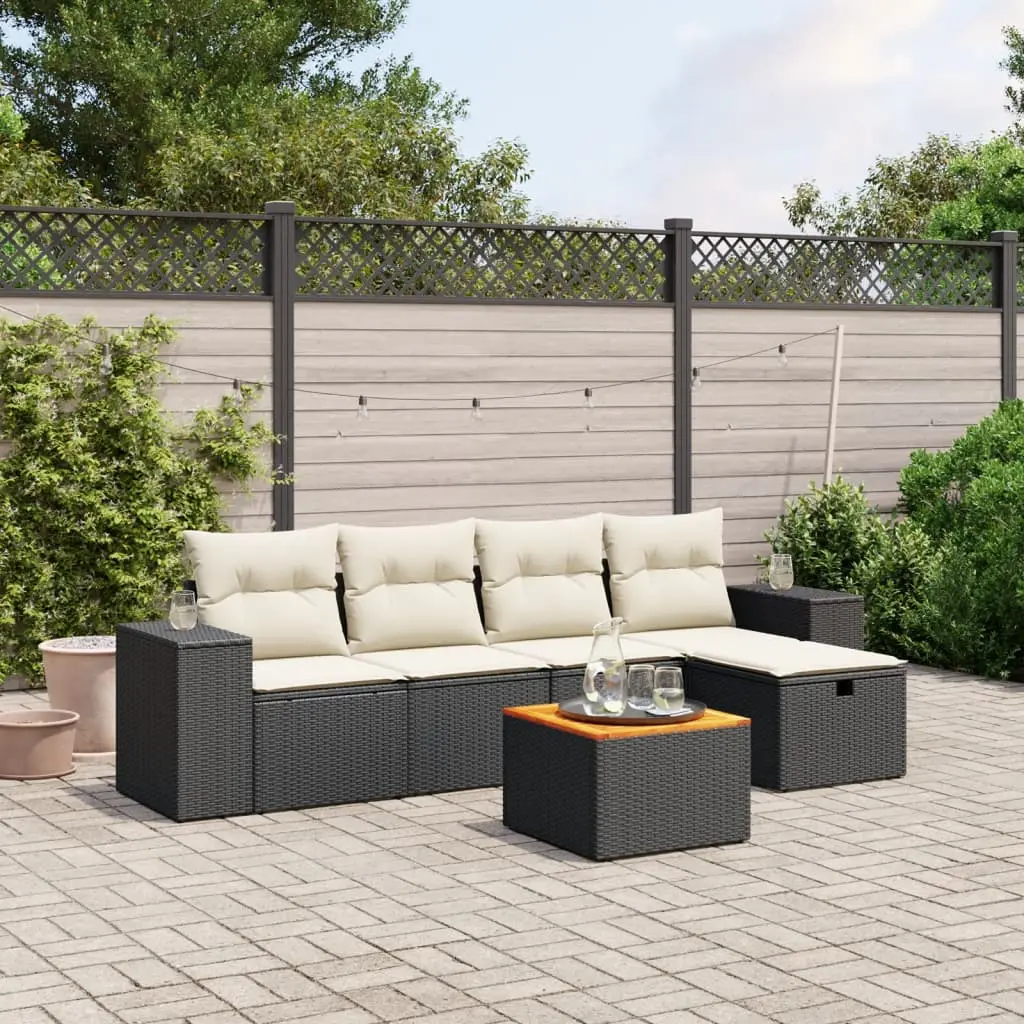 Ensemble de jardin 6 places en Poly rotin avec Table en bois et Pouf Coussins déhoussables Noir et Crème – ComfortXL Outdoor Living