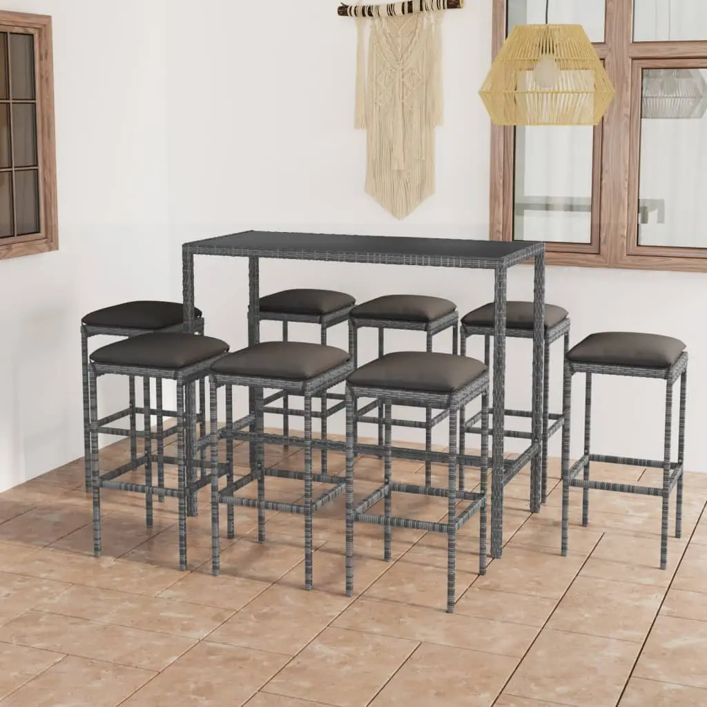 Ensemble de bar de jardin 9 pcs et coussins Résine tressée Gris vidaXL 3064827