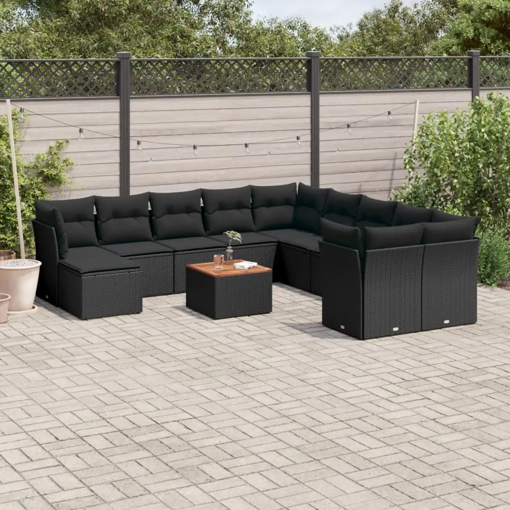 Ensemble d’extérieur 12 pcs poly rotin modulable avec pouf de rangement et table bois Noir – ComfortXL Outdoor Living