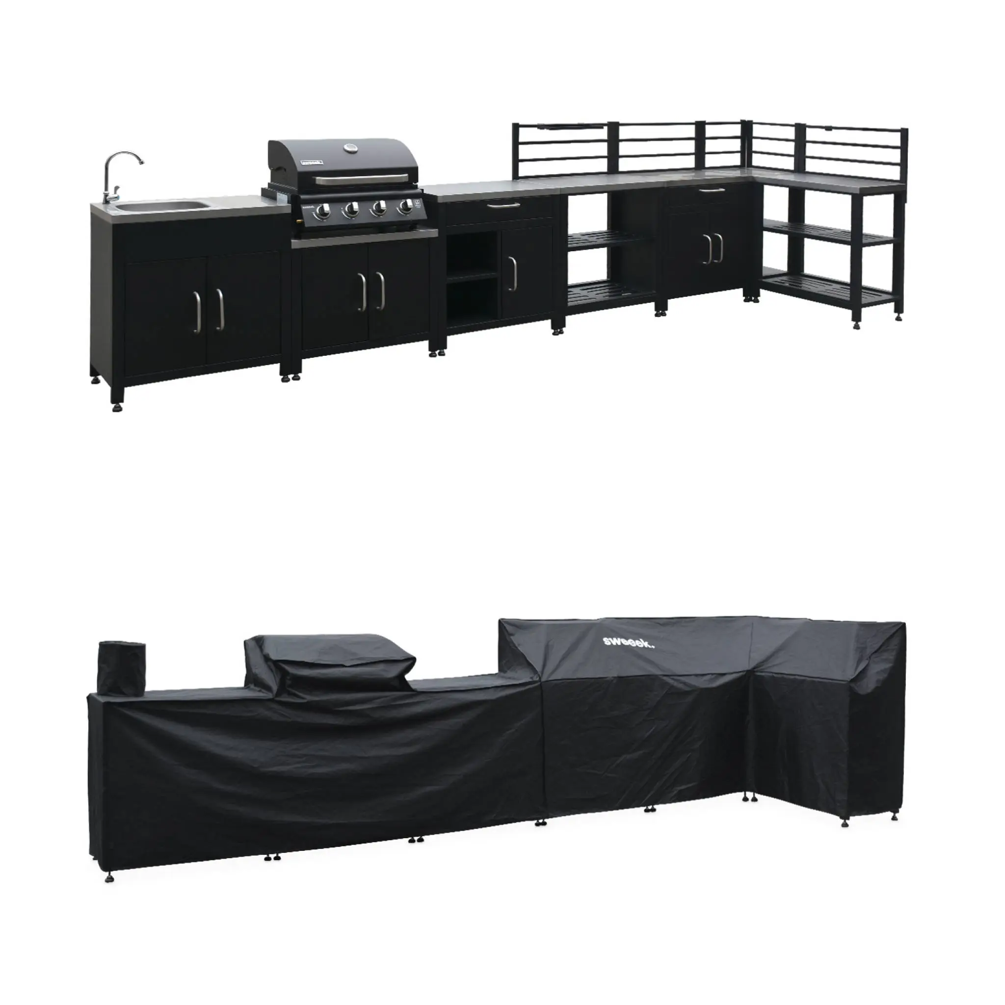Ensemble de meubles de cuisine extérieure en acier inoxydable 7 modules avec barbecue au gaz 4 brûleurs et housse de protection | sweeek