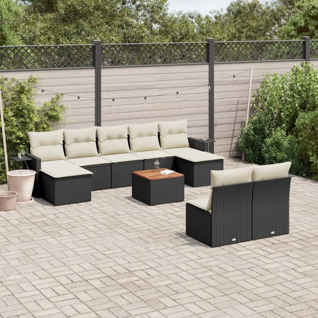 Ensemble Canapé de Jardin 9 Places Poly Rotin Noir 10 Pièces Coussins Crème pour Extérieur – ComfortXL Outdoor Living
