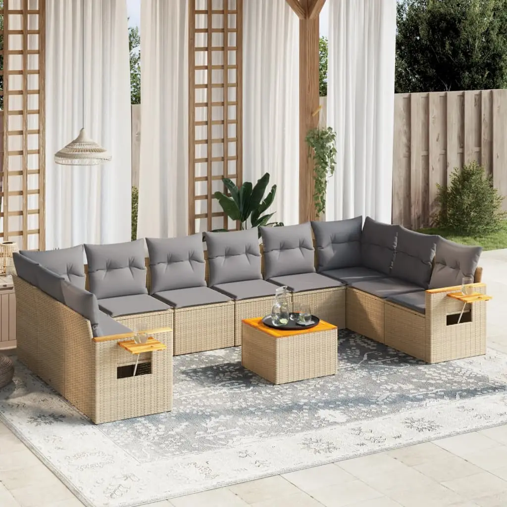 Ensemble canapé de jardin 10 places résine tressée modulable avec table basse et tablette pliable pour patio Beige – ComfortXL Outdoor Living