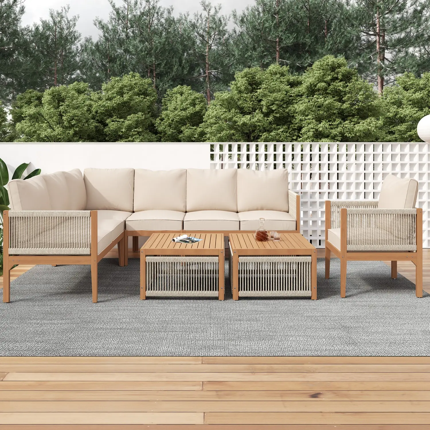 Ensemble de jardin, avec housses en tissu amovibles et lavables, couleur naturelle et beige