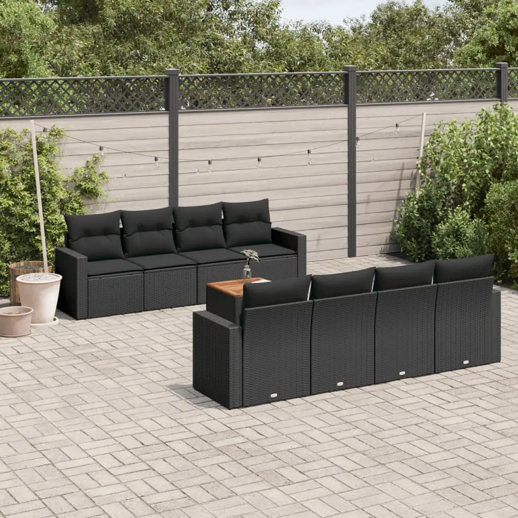 Ensemble de Jardin 9 pcs en Poly Rotin avec Rangement et Table en Bois pour Patio Noir – ComfortXL Outdoor Living