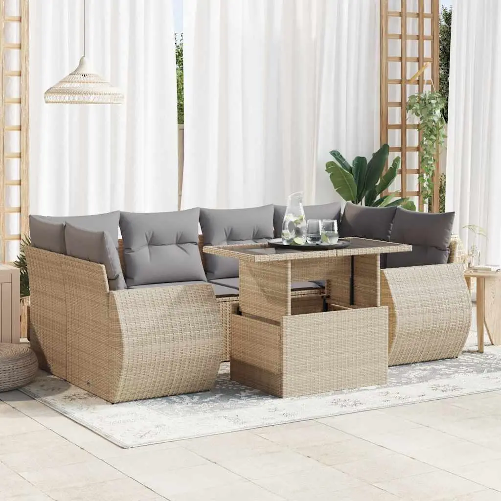 Ensemble de jardin 7 places résine tressée avec table ajustable et rangements Beige – ComfortXL Outdoor Living