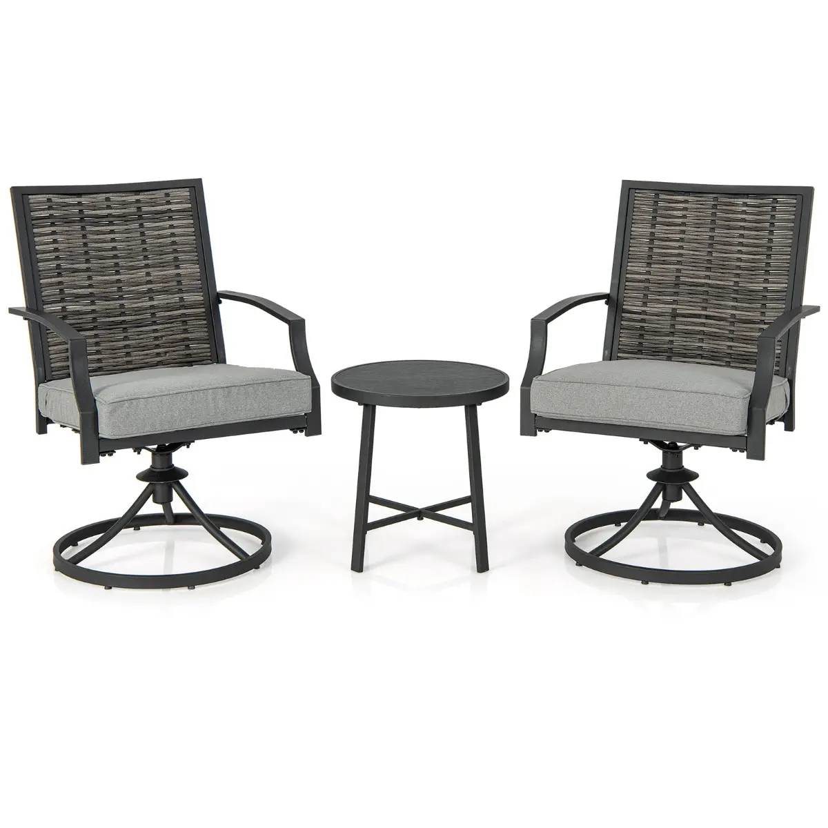 Ensemble de Meubles de Patio 3 Pièces Salon de Jardin avec Chaises en Osier Pivotantes Table Basse Coussins de Siège Cadre en Métal Robuste