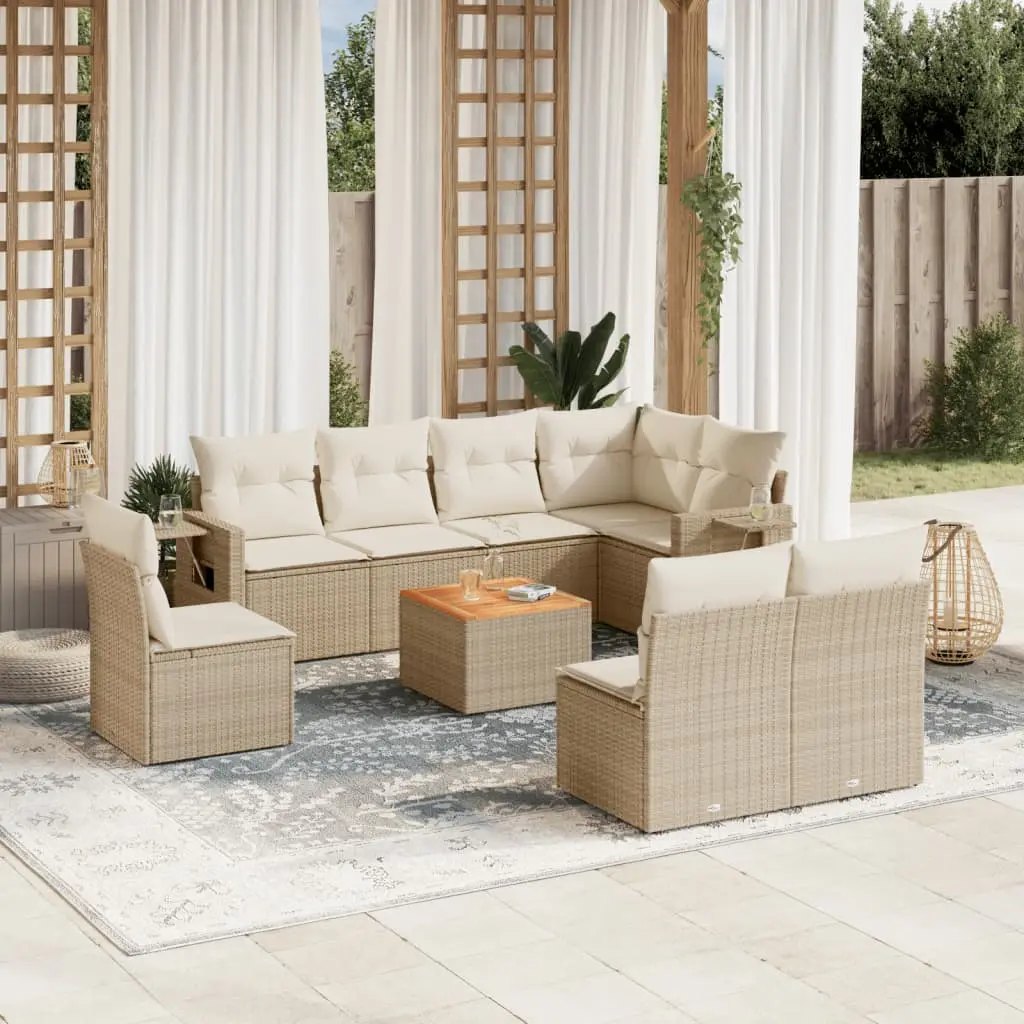 Ensemble d’Angle 8 Places Résine Tressée avec Table Basse en Bois et Coussins Blanc Crème Beige – ComfortXL Outdoor Living