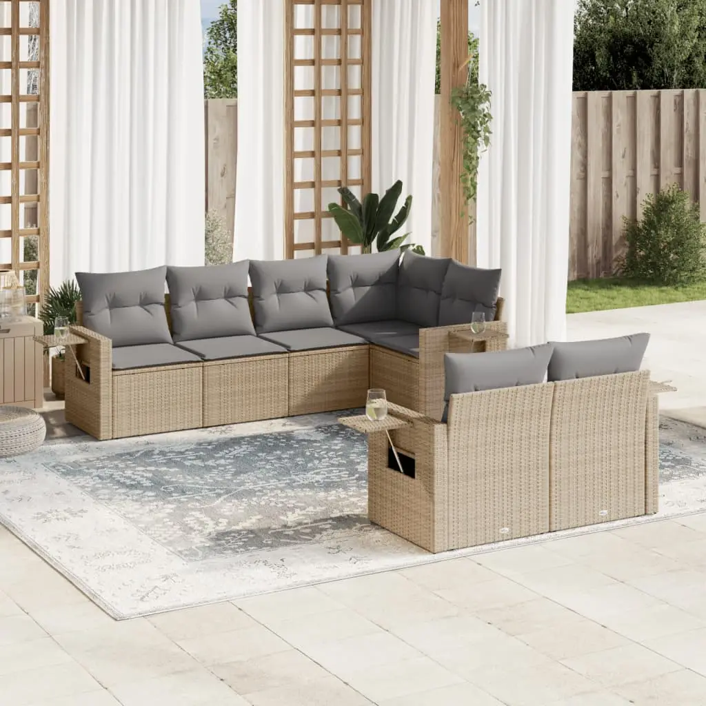Ensemble canapés modulable 7 places poly rotin avec tablettes d’appoint pour extérieur Beige coussins gris clair – ComfortXL Outdoor Living