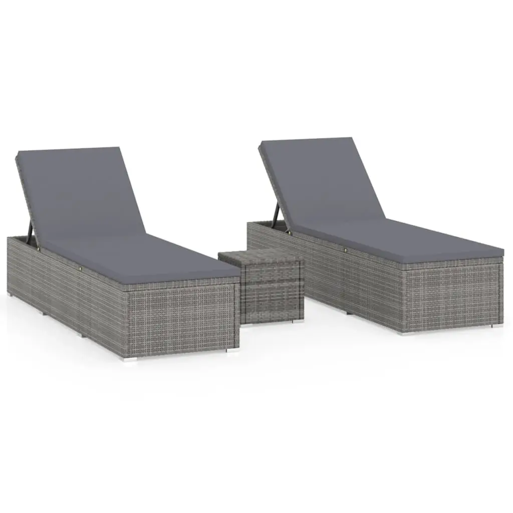 Ensemble de 3 pcs Bain de soleil – Transats – Chaises longues avec table à thé Résine tressée Gris – MEUBLE PRO