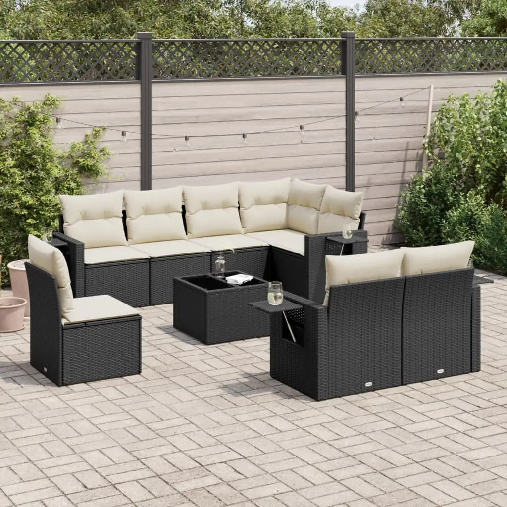 Ensemble canapés de jardin 9 pièces poly rotin modulable et table basse verre Noir et coussins Blanc crème – ComfortXL Outdoor Living