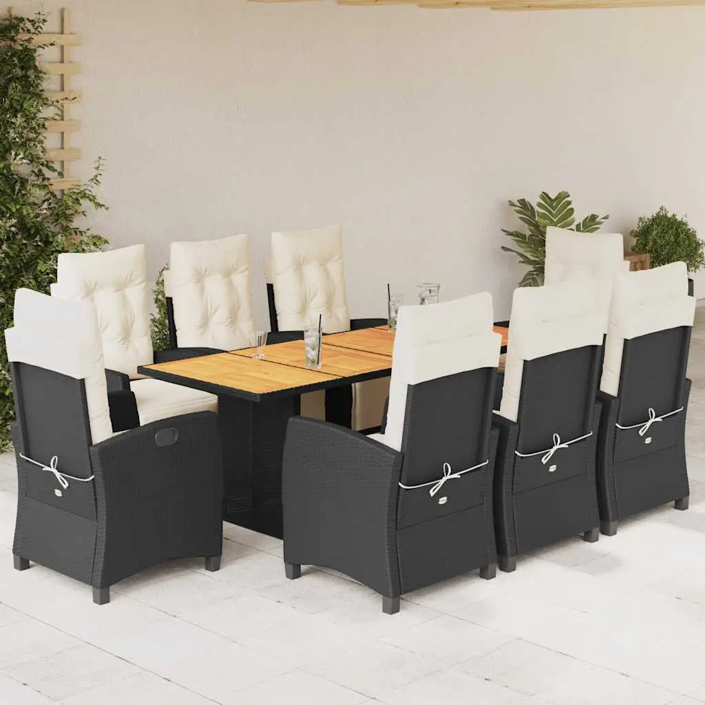 Ensemble de Jardin 8 Places Noir, Table en Bois d’Acacia et 8 Fauteuils Relax Multi-positions, Coussins Crème – ComfortXL Outdoor Living