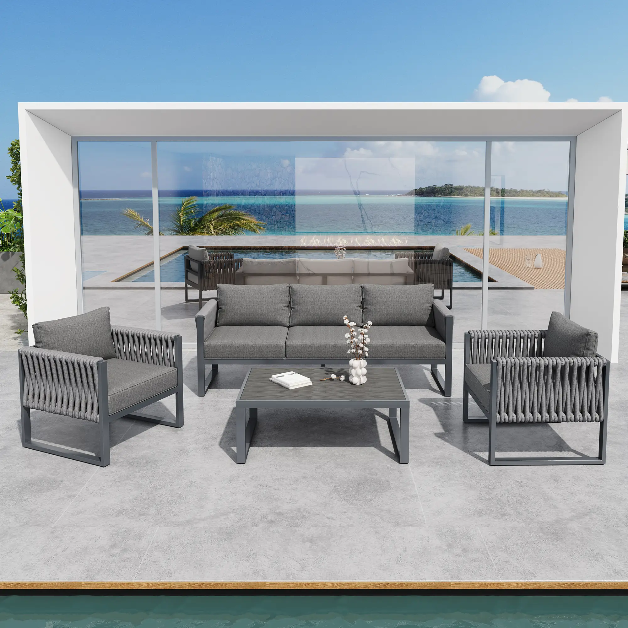 Ensemble de meubles de jardin ,Canapé d’extérieur 5 avec pieds réglables, rembourré et structure métallique en acier inoxydable, gris