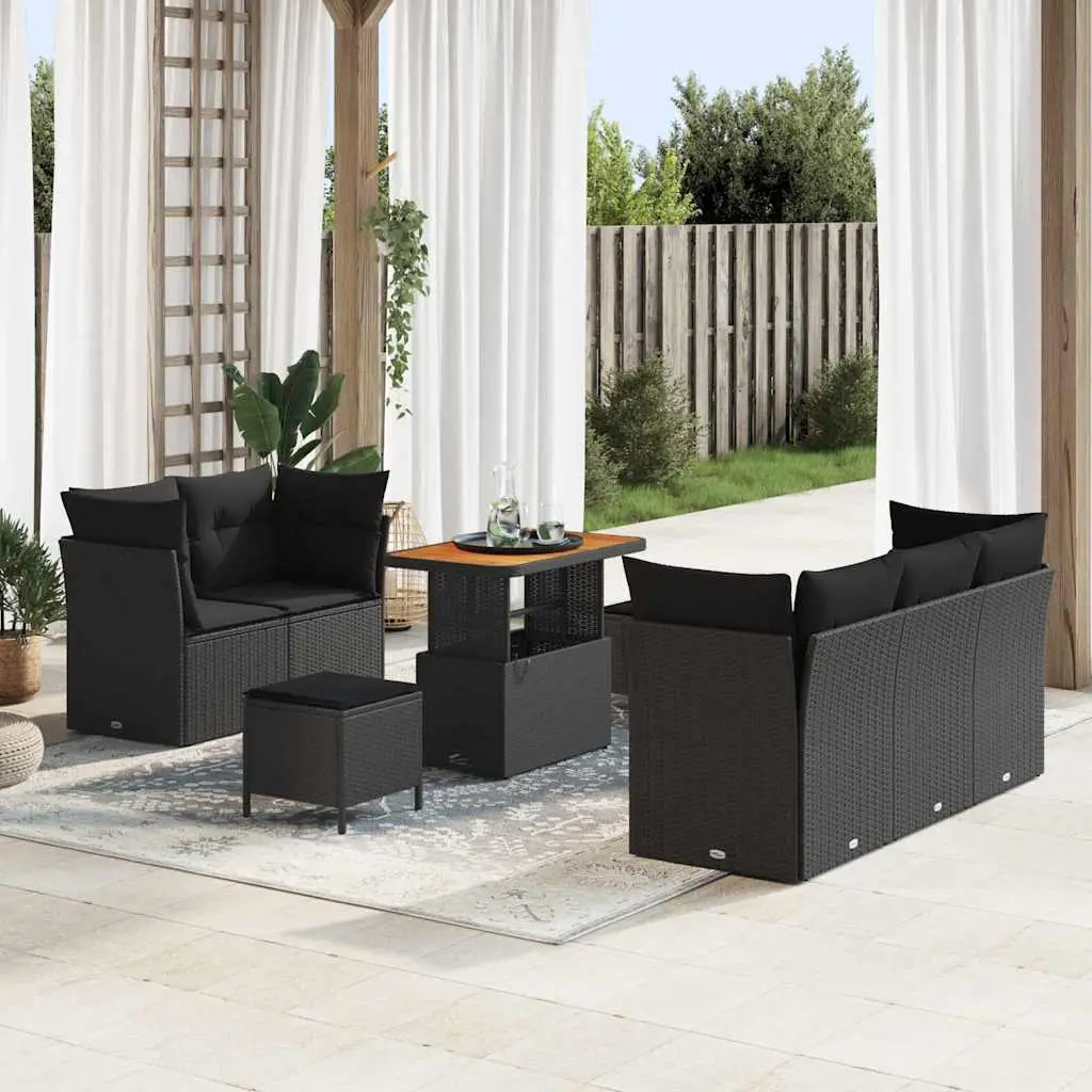 Ensemble de jardin 8 pcs polyrotin noir et bois d’acacia pour 7 places – ComfortXL Outdoor Living