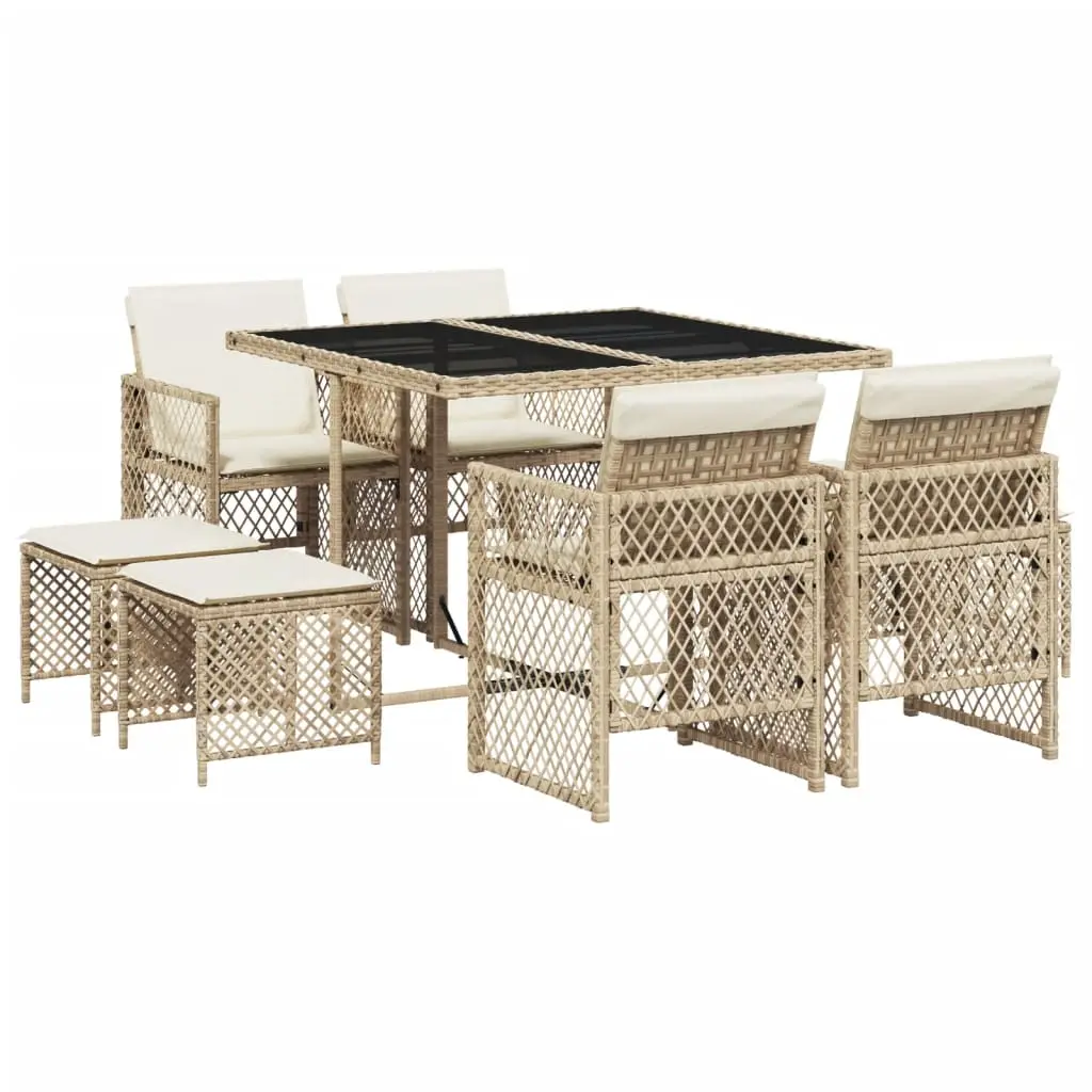 Ensemble de 9 pcs table de jardin et chaises avec coussins – mobilier de jardin beige Poly rotin-JU2801