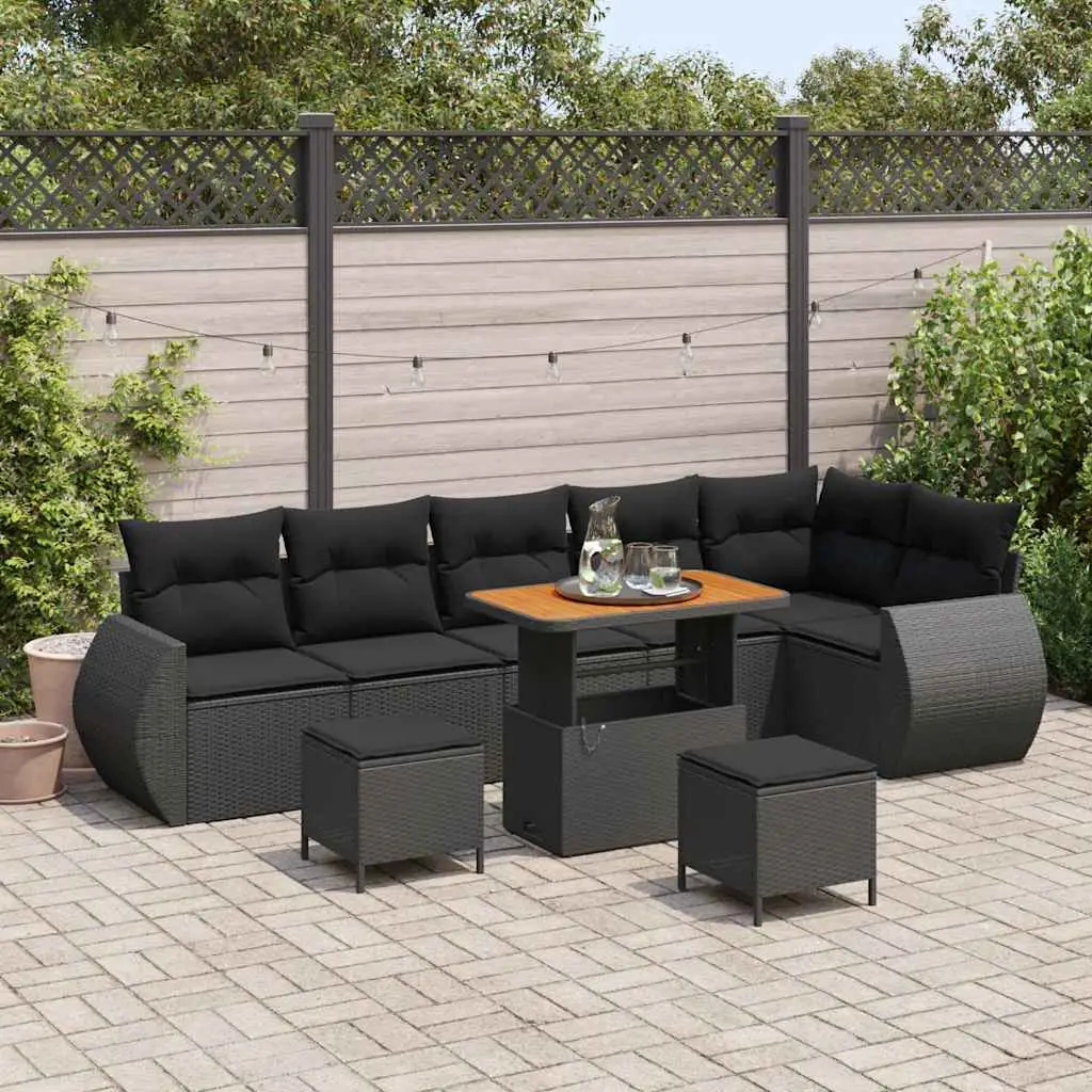 Ensemble de jardin 8 places en polyrotin tressé et bois pour grande terrasse Noir – ComfortXL Outdoor Living