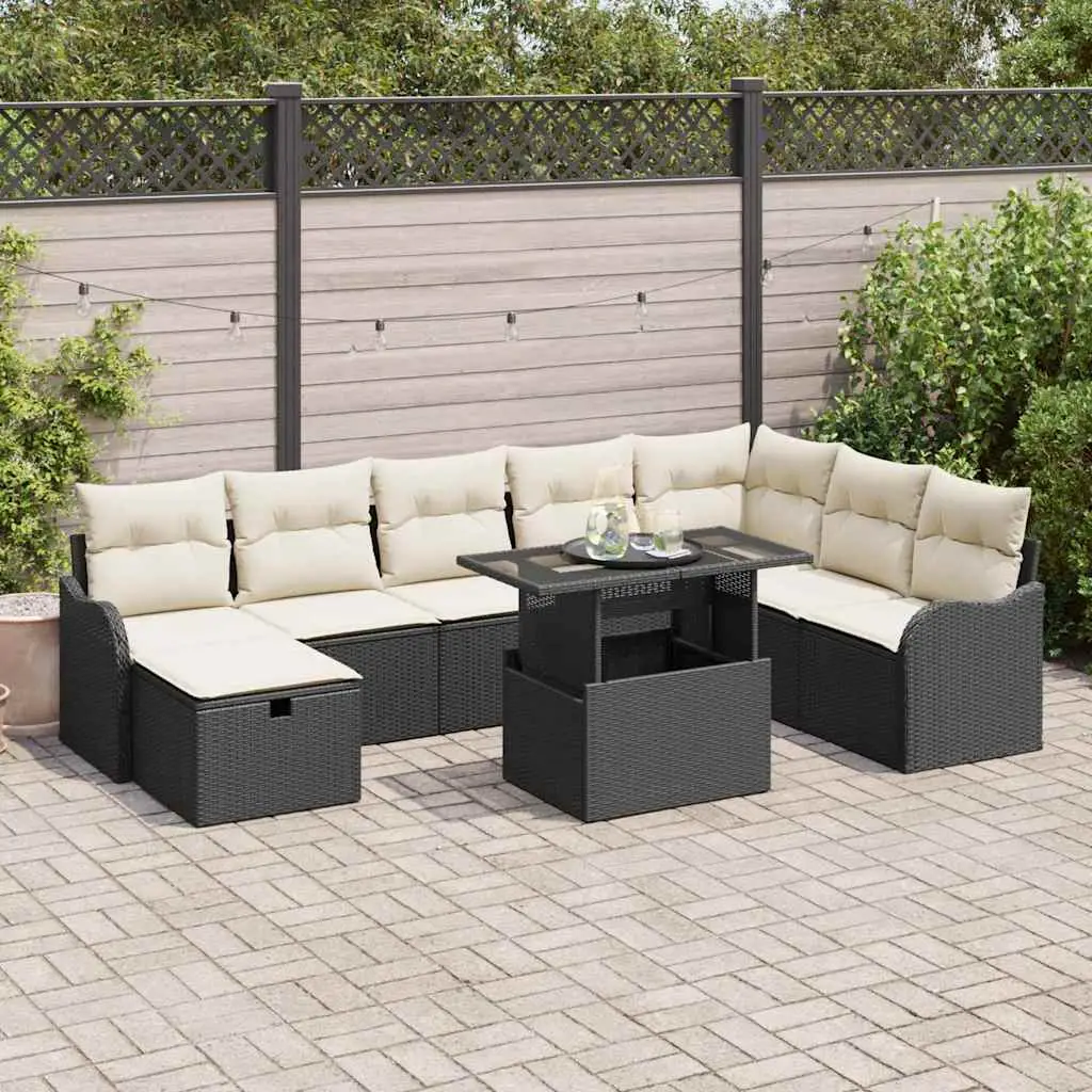 Ensemble canapé de jardin 8 places Poly rotin Modulable avec Coffre de Rangement pour Extérieur Noir – ComfortXL Outdoor Living