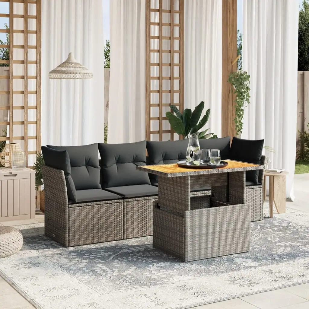 Ensemble Canapés 5 Pièces Gris Résine Tressée Table Relevable Plateau en Bois Massif – ComfortXL Outdoor Living
