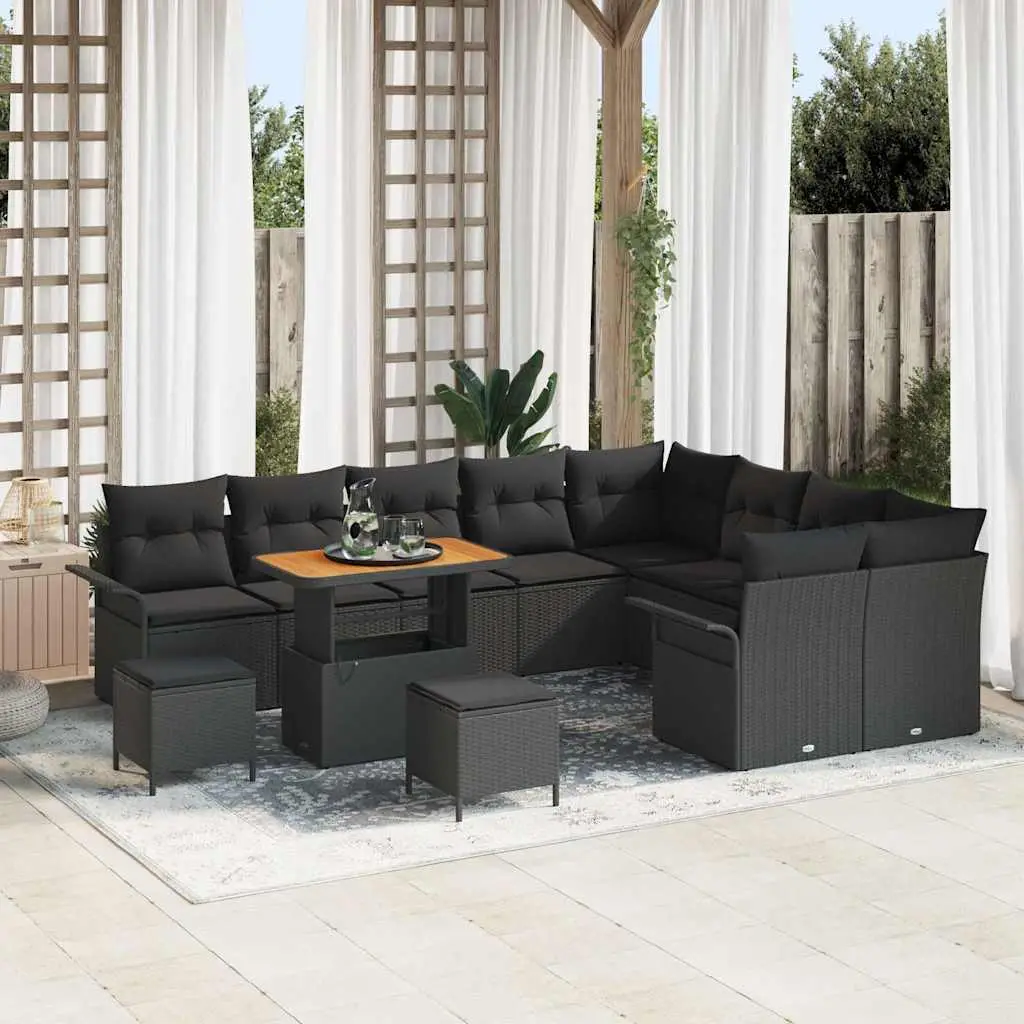 Ensemble de Jardin XXL 11 Places en Bois d’Acacia et Polyrotin, Table et Tabourets Inclus, Noir – ComfortXL Outdoor Living