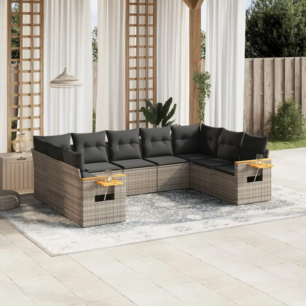 Ensemble d’Extérieur 9 pcs Résine Tressée Grise avec Rangement et Coussins Gris – ComfortXL Outdoor Living