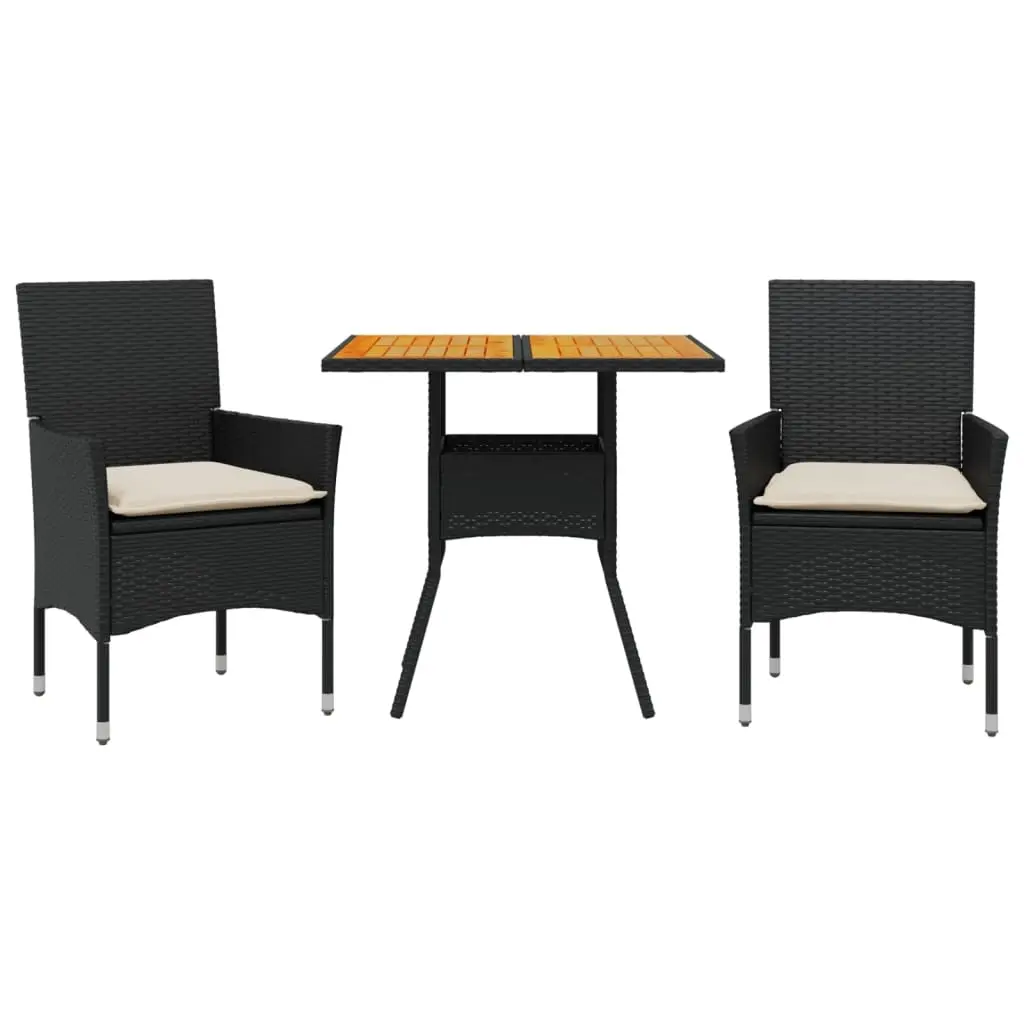 Ensemble de 3 pcs table de jardin et chaises avec coussins – mobilier de jardin noir rotin acacia-JU2568
