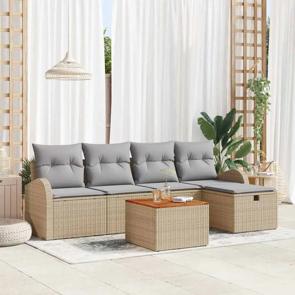 Ensemble de Jardin 6 Pièces Poly Rotin et Bois avec Rangement pour 5 Personnes Beige – ComfortXL Outdoor Living