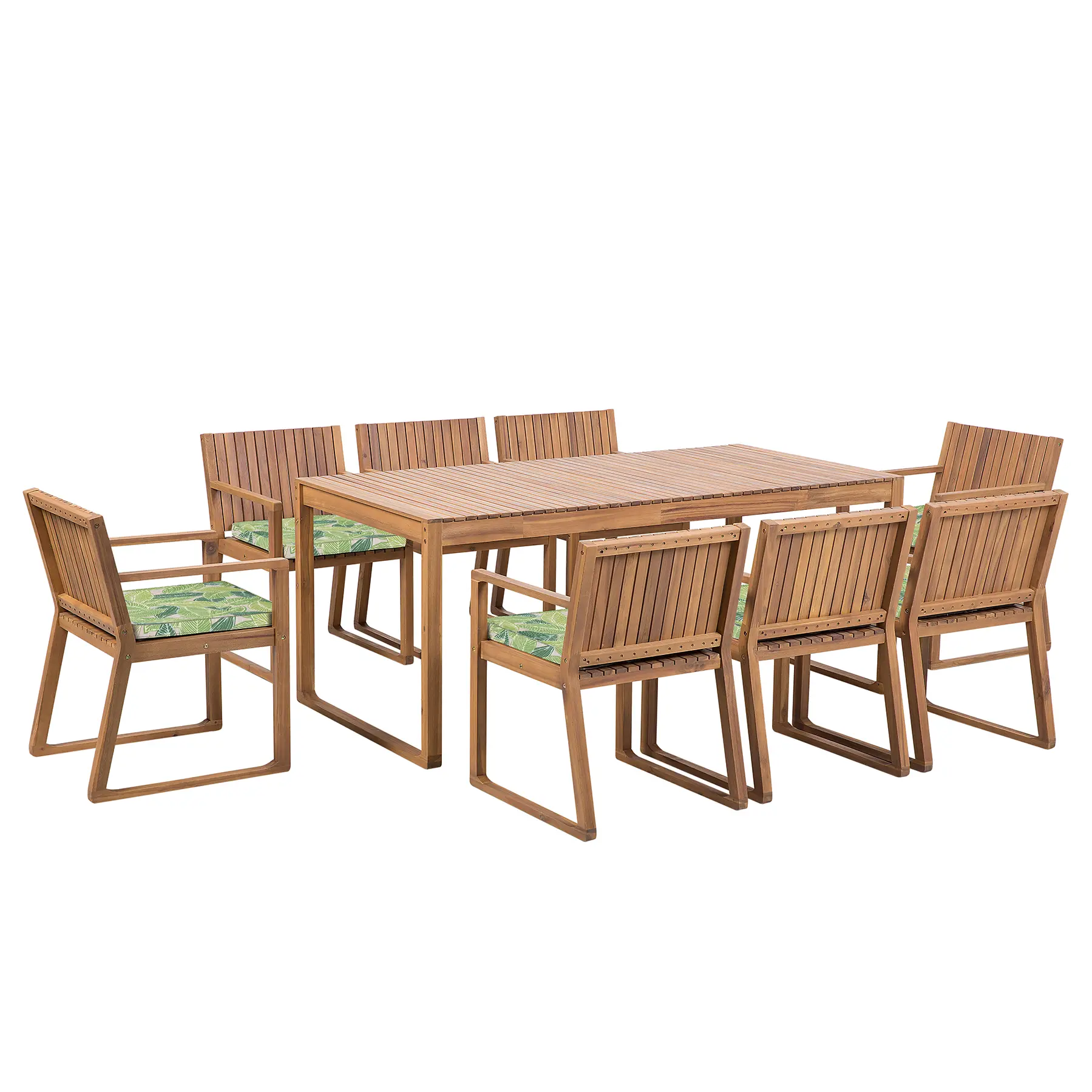 Ensemble de Jardin composé d’une Table 180 x 90 cm et de 8 Chaises en Bois d’Accacia avec Coussins d’Assise Verts motif Feuilles Beliani