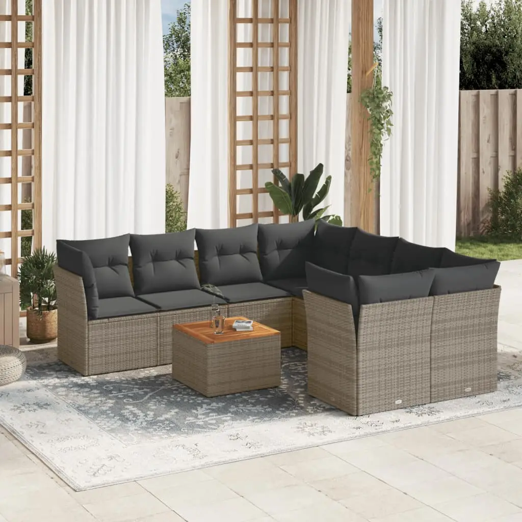 Ensemble de Jardin 9 Pièces en Résine Tressée avec Rangement et Table Acacia pour Terrasse Gris – ComfortXL Outdoor Living