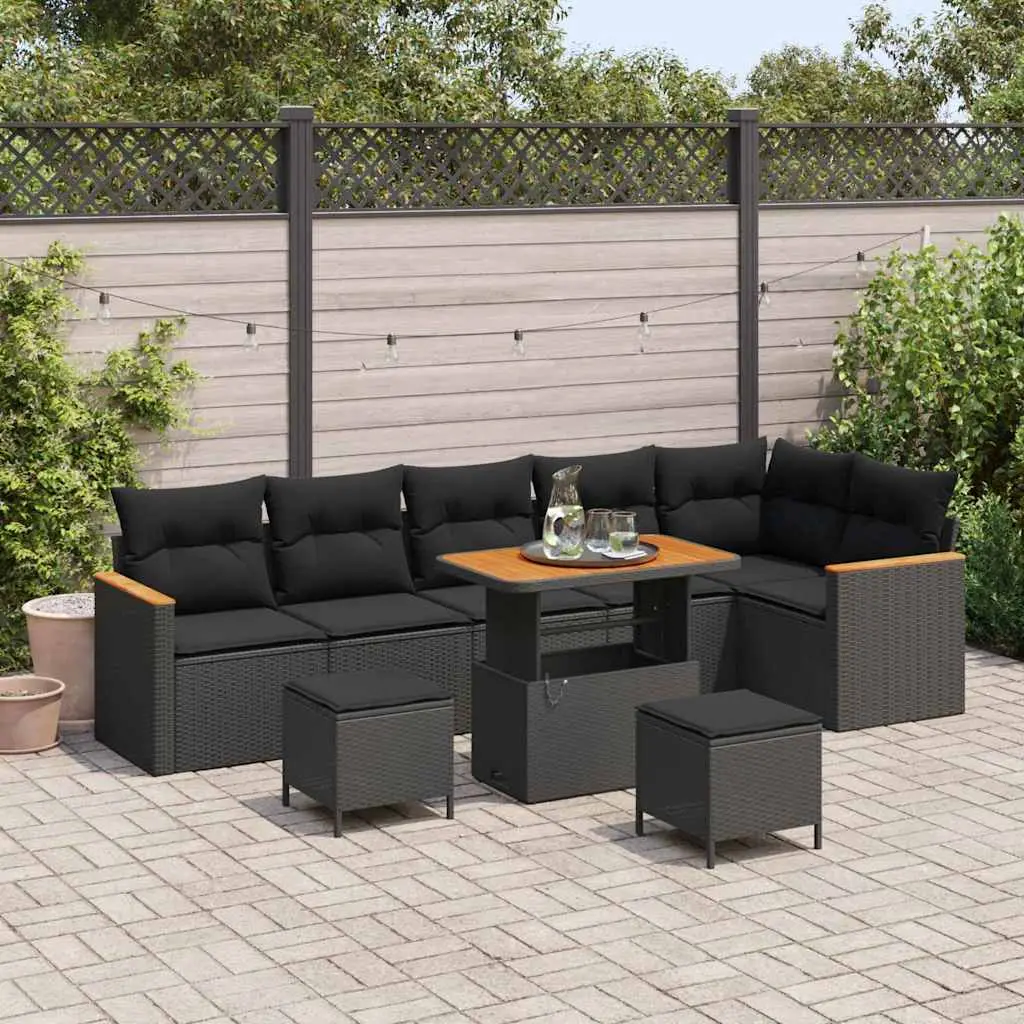 Ensemble de jardin 9 pièces en résine tressée avec table en acacia Noir – ComfortXL Outdoor Living