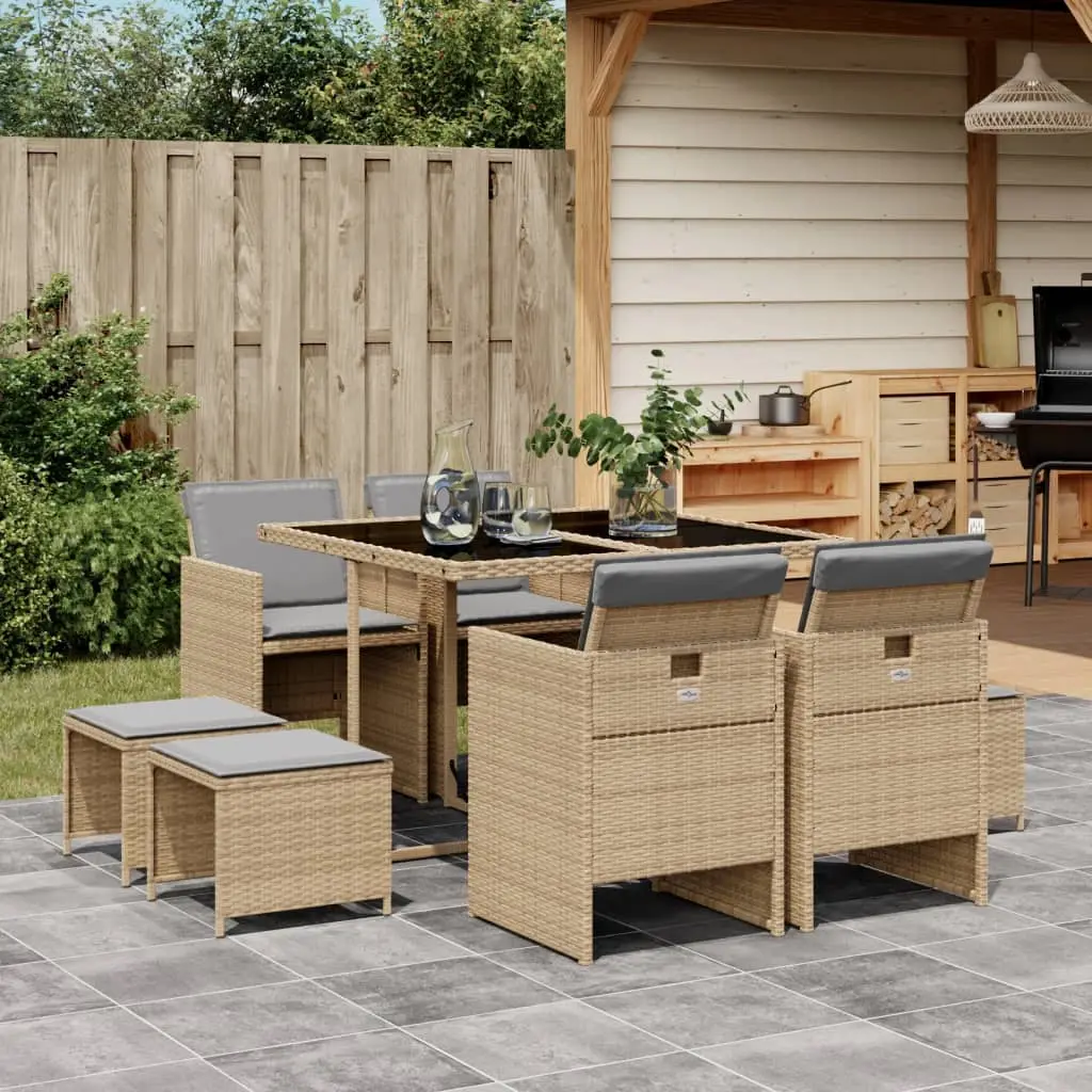 Ensemble de Jardin Effet Cube 8 Personnes en Résine Tressée Beige, Table Verre et Coussins Gris – ComfortXL Outdoor Living