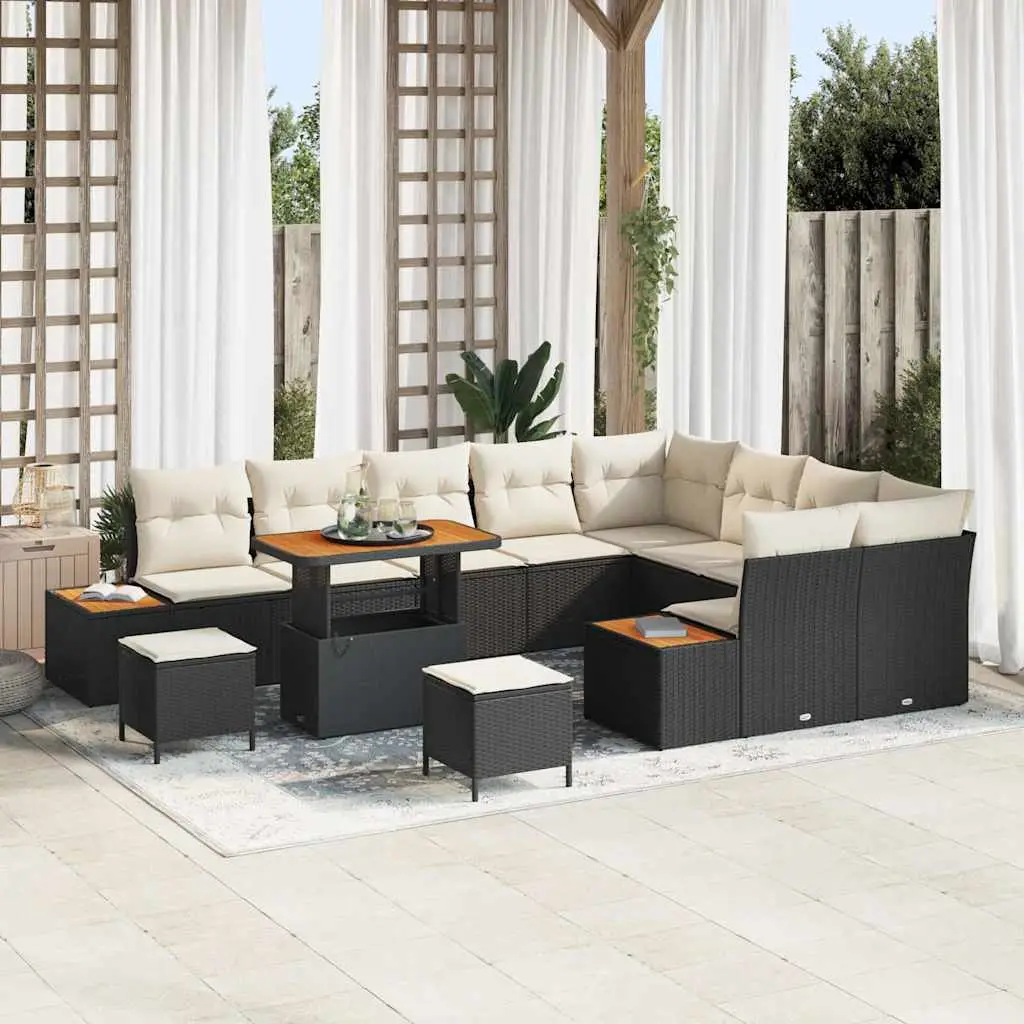 Ensemble Canapé Noir Poly Rotin et Acacia – Mobilier Extérieur avec Coffres et Table – ComfortXL Outdoor Living