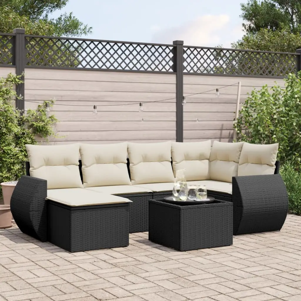 Ensemble Canapés 7 Pièces Résine Tressée Noire Modulable avec Table Coussins Crème – ComfortXL Outdoor Living