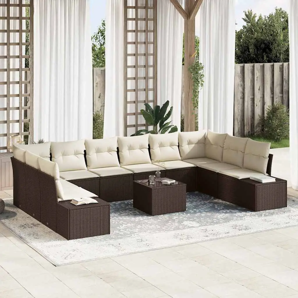 Ensemble Canapé Terrasse 10 pcs Polyrotin Marron & Crème – Bois Acacia & Modulable – Design Élégant – ComfortXL Outdoor Living