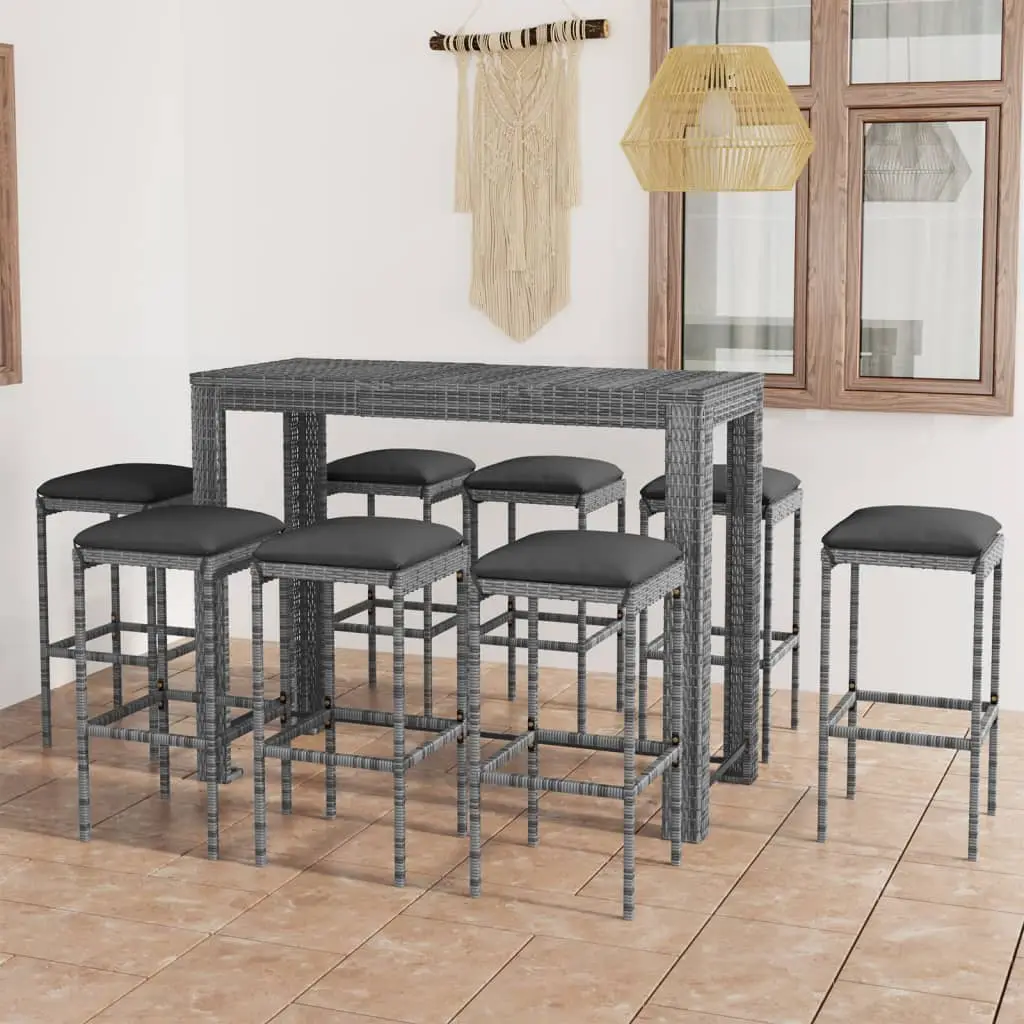 Ensemble de bar de jardin 9 pcs et coussins Résine tressée Gris vidaXL 3064791