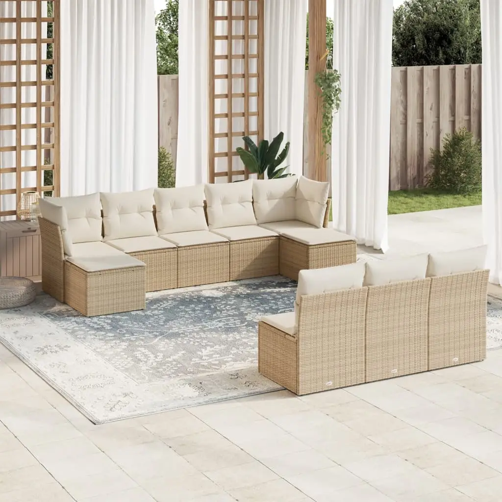 Ensemble Canapé de Jardin 10 Places Résine Tressée Modulable avec Tabourets pour Extérieur Beige et Blanc Crème – ComfortXL Outdoor Living