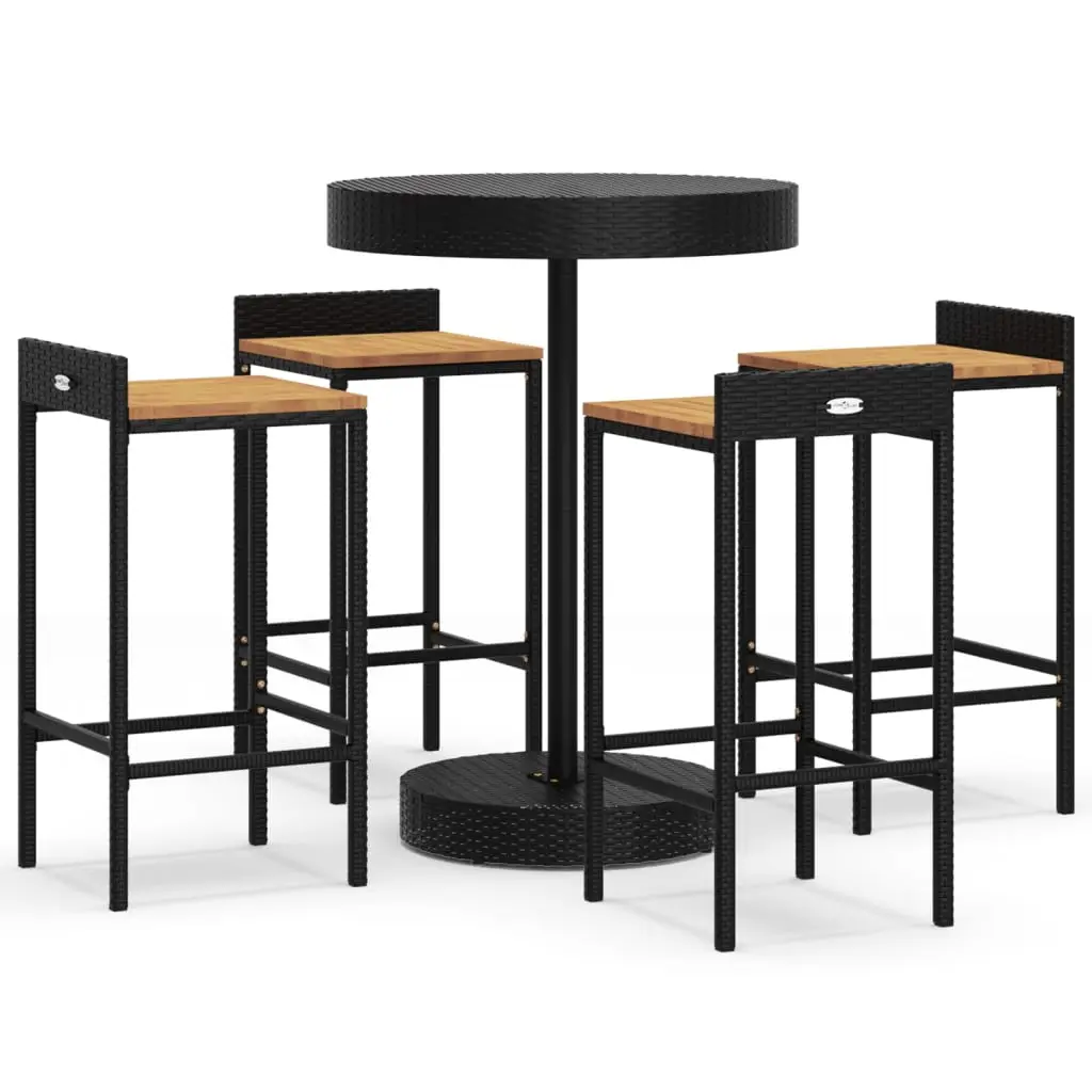 Ensemble de 5 pcs bar de jardin – Mobilier d’extérieur noir poly rotin/bois massif acacia-JU2199