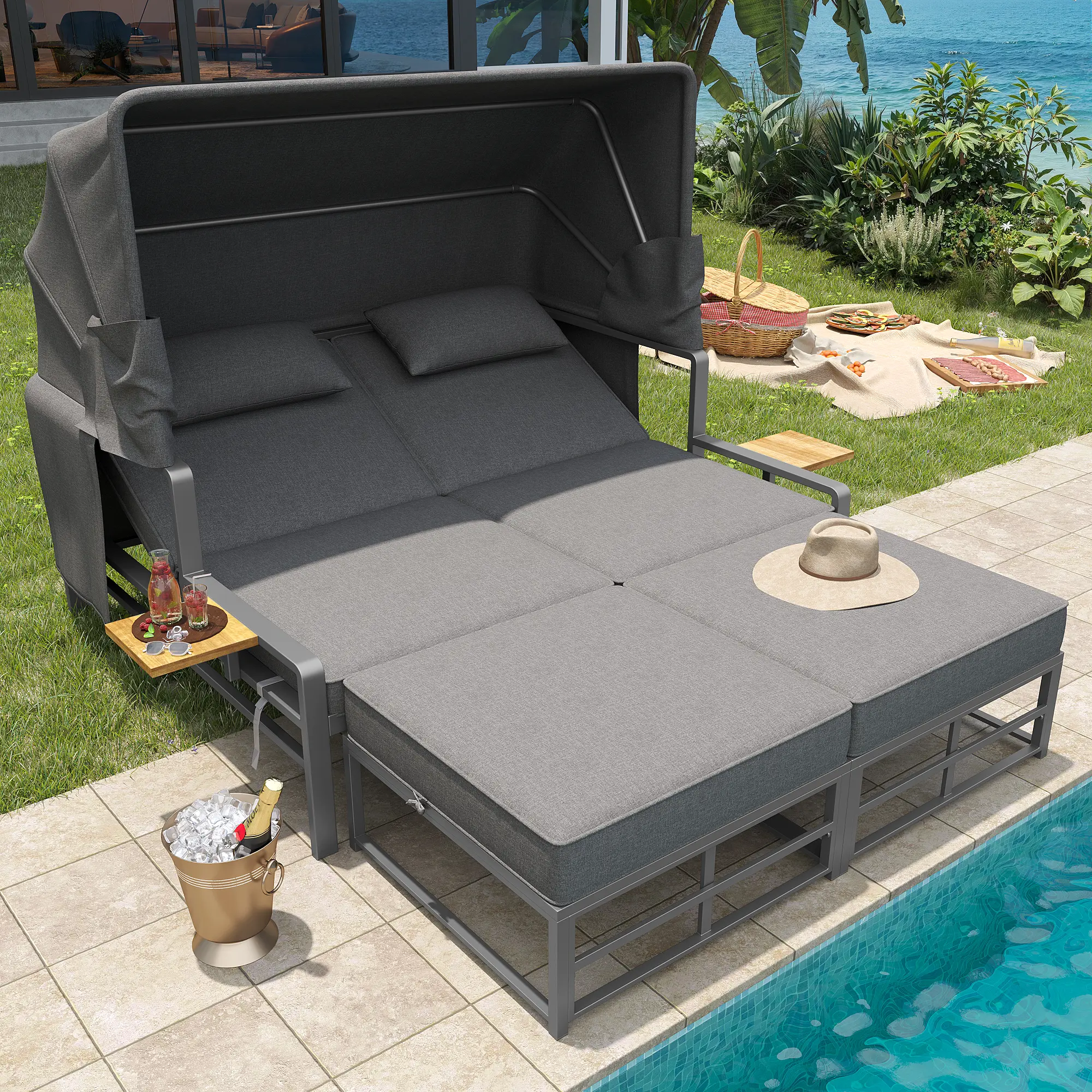 Ensemble de jardin transat 2 à 4 personnes avec pare-soleil pliable pour terrasse et balcon gris foncé
