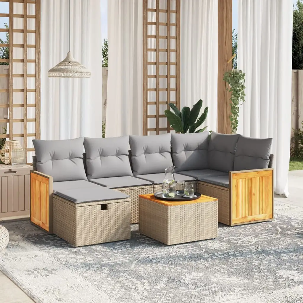 Ensemble de jardin d’angle 7 pièces modulable résine tressée et table en bois Mélange Beige – ComfortXL Outdoor Living
