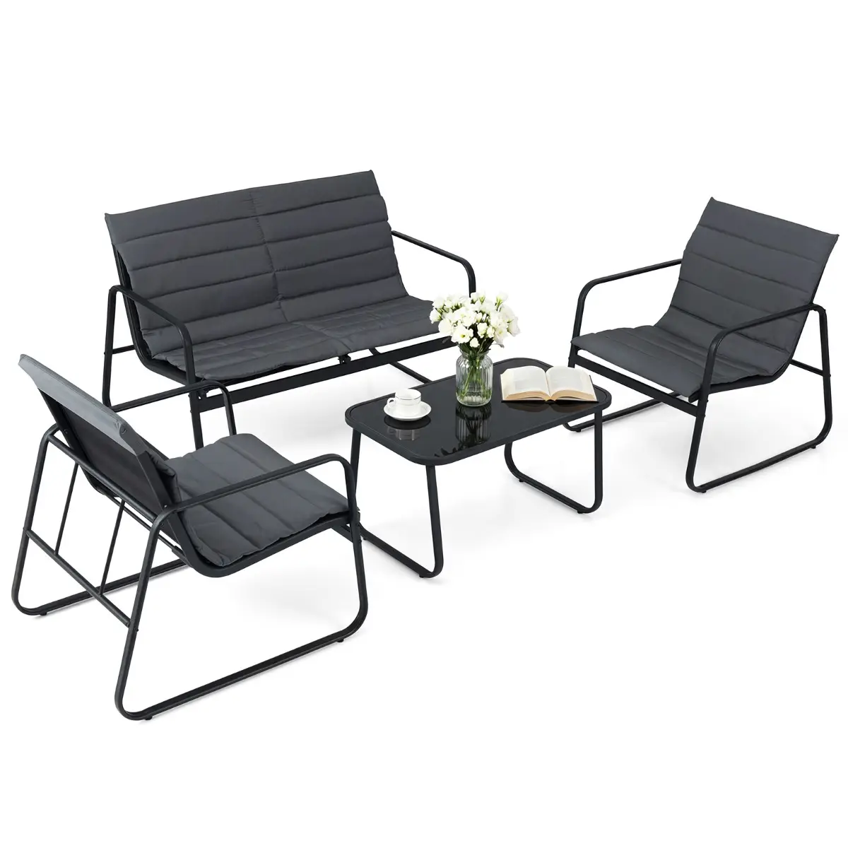 Ensemble de Mobilier d’Extérieur 4 Pièces Salon de Jardin avec Coussins et Table Basse en Verre Gris MAISON CHIC