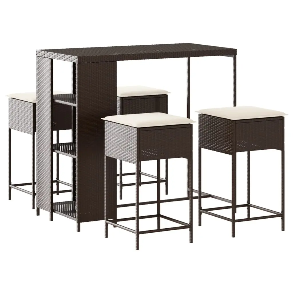 Ensemble de 5 pcs bar de jardin – Mobilier d’extérieur avec coussins marron poly rotin